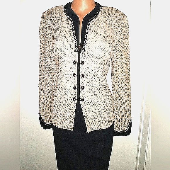 ST JOHN COUTURE 6-8 FANTASY TWEED  VELVET BLACK CREAM GOLD LOGO JACKET SKIRT SET - Picture 14 of 14
